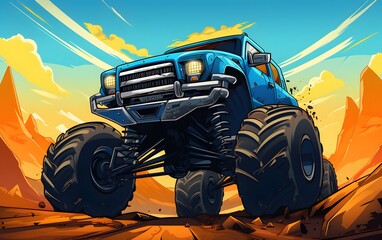 Monster truck illustration. Off-road vehicle on the background of the sunset. generative ai