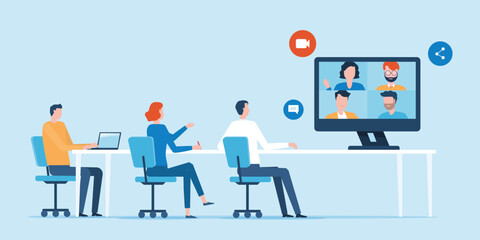 Poster - Group business team video conference meeting online . business smart working and technology remote working from anywhere concept