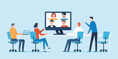 Wall Mural - Group business team video conference meeting online and business people brainstorming concept. business smart working and technology remote working from anywhere concept