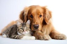 Horizontal One Cat And One Dog Vertically Photo On A White Plain Background 