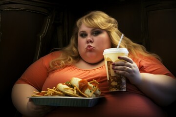 Wall Mural - fat woman eating pizza fast food sweet salad on dark background 