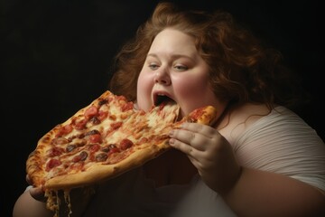 Wall Mural - fat woman eating pizza fast food sweet salad on dark background 