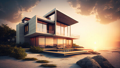 Wall Mural - Modern luxury villa house next to ocean at sunset