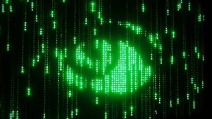 Animation of falling matrix code with observant blinking eye hologram effect. Concept of surveillance in cyberspace.