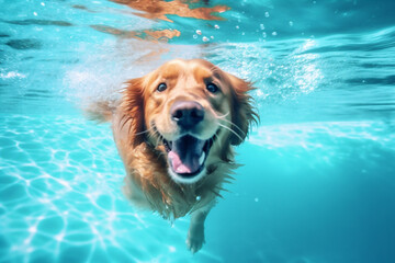fun dog swimming funny pool puppy vacation snorkeling water underwater. Generative AI.