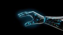 Robot Arm Mixed With Blue Digital Isolated In Black IoT, AI Chatbot Technology, Smart Devices, VPN Cybersecurity, Futuristic Internet. Unleash The Power Of Technology, Sleek, Blue Circuitry Pattern