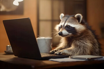 raccoon on table with laptop - generative ai