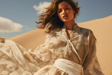 Fashion Model Wearing Flowing Boho Dress In Editorial In Desert Dunes, Photoshoot Made With Generative Ai
