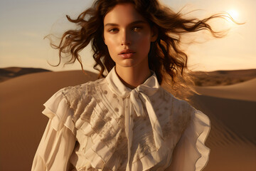 model wearing flowing white boho dress in editorial in desert dunes, photoshoot made with generative ai