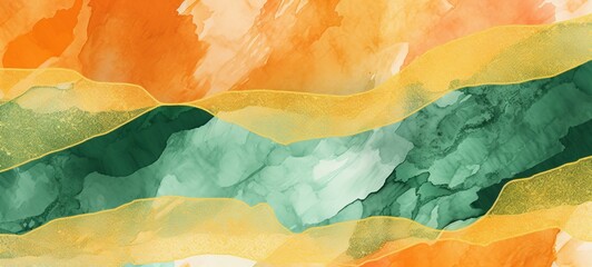 Aufkleber - Abstract watercolor paint background illustration painting - Soft pastel green and orange color and golden lines, with liquid fluid marbled paper texture banner texture, Generative Ai
