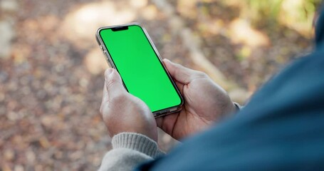 Poster - Hands, phone and green screen in park, outdoor or forest for map app, branding or mockup space for logo. Smartphone, chromakey and camp with promotion, social media or navigation for hiking in nature