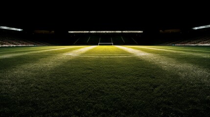 Empty soccer stadium at night with lights and grass.