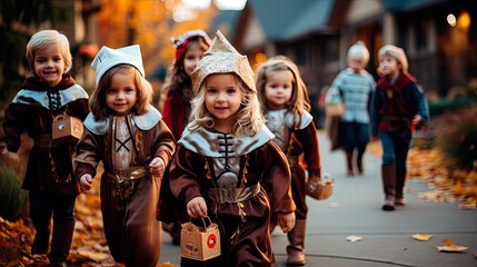 Group of children dressed in costumes trick - or - treating in a neighborhood, Halloween tradition and community.