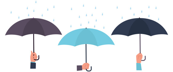 hands of people with umbrellas close against raindrops. opened blue and black parasols. rainy weathe