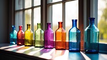 Row Of Colored Glass Bottles On A Window Sill With Light Streaming Through, Generative Ai
