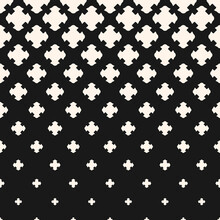 Vector Halftone Texture, Black And White Abstract Pattern. Horizontally Seamless Background. Gradient Transition Effect. Floral Geometric Shapes, Crosses. Simple Geo Design For Print, Cover, Decor