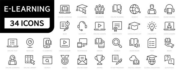 Wall Mural - E-learning thin line icons set. Online Education icon collection. E-learning and Education symbols. Vector