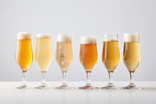 A Set Of Beer Glasses With Different Types Of Beer On A White Background.   Generative AI
