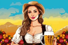 Oktoberfest Woman With Beer, Pin-up Pop Art Cute Girl Illustration.  Generative AI