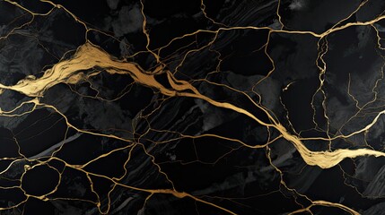 A top view of a black marble background with elegant gold veins flowing through it, providing negative copy space for your text or branding. Wallpaper texture. Generative AI. 