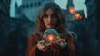 © Valeriia - A mystical magic woman standing in front of a majestic castle, emanating an aura of enchantment and wonder. AI generated