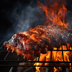 smoky pork ribs on the bbq rack made with AI