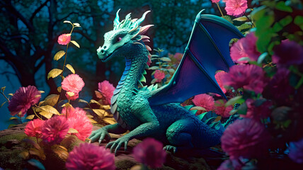 blue dragon baby girl surrounded by pink flowers generated ai