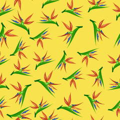 Wall Mural - Seamless pattern of colorful strelitzia. Vector exotic flowers of a paradise bird isolated on yellow background.