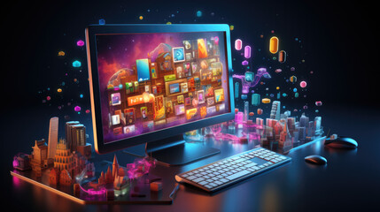 a computer with a colorful and cluttered desktop in an office on a work table. Generative AI