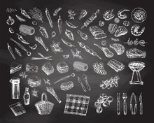 A Set Of Hand-drawn Sketches Of Barbecue And Picnic Elements On Chalkboard Background. Doodle Vintage Illustration. Engraved Image.