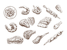 A Set Of Hand-drawn Sketches Of Different Types Of Meat, Steaks, Shrimp, Chicken, Grilled Vegetables, Barbecue. Doodle Vintage Illustration. Engraved Image.