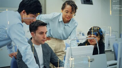 Poster - Multinational engineers meeting in office and digital technology concept.