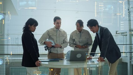 Poster - Multinational engineers meeting in the lobby and digital technology concept.