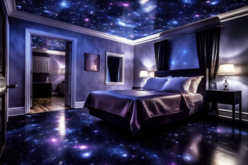 Wall Mural - bedroom interior at night with space and stars on the ceiling and walls. dreams and fantasies about 