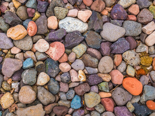 Closeup of colorful rocks on a Lake Superior beach on the Upper Peninsula of Michigan USA