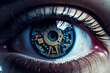 Eye pupil of a robot, cybernetic eye. Futuristic eye of a robot. AI. Human android cyborg eye futuristic control protection personal internet security access