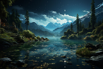 Poster - A tranquil lake surrounded by lush greenery and a starry night sky, creating a sense of calm and serenity.  Generative AI technology.