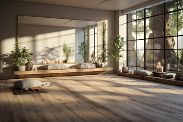 Poster - A peaceful yoga studio with soft lighting, tranquil decor, and a serene ambiance for relaxation and meditation.  Generative AI technology.