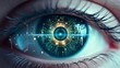 © AIExplosion - Cyber technology eye panel concept. Human android cyborg eye futuristic concept. Data scanning. Future scientific technology innovation safety science. Artificial intelligence concept. Generative AI