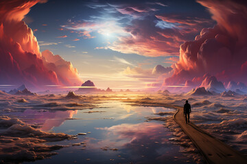 Poster - A person standing on a cloud, looking out into a vast and surreal landscape, reflecting the limitless potential of dreams.  Generative AI technology.