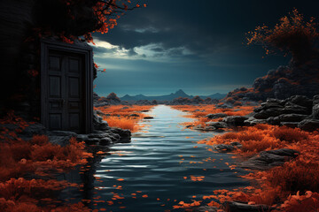 Poster - A mysterious door standing alone in a surreal landscape, inviting curiosity and the possibility of entering a dream world.  Generative AI technology.