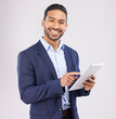 Portrait, asian man and business tablet in studio for planning research, trading data or stock market information. Happy male trader scroll on digital tech to financial connection on white background