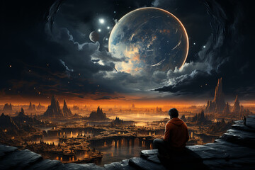 Poster - A person sitting on a crescent moon, gazing into a starry sky, symbolizing the introspection and contemplation often associated with dream states.  Generative AI technology.