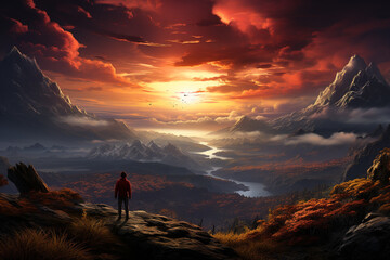 Poster - A person standing on a mountaintop, gazing at a beautiful sunrise, representing the feeling of hope and optimism that comes with the New Year.  Generative AI technology.