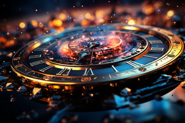 Fototapete - Abstract clock faces displaying midnight, surrounded by shimmering stars and glowing numbers, signifying the countdown to the New Year.  Generative AI technology.