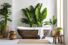 Luxury Interior Bathroom Modern Outdoor Bathtub And Green Exotic Plants Bananas Palms Leaves In Villa Bali Indonesia, Hotel Spa, Sunlight, Copyspace, Generative Ai.