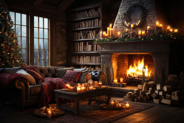 Poster - A cozy and festive living room adorned with twinkling lights, a beautifully decorated Christmas tree, and stockings hanging by the fireplace.  Generative AI technology.