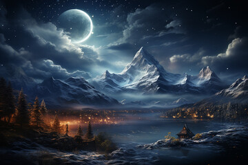 Poster - A snowy mountain landscape with a glistening Christmas tree and a star-filled night sky.  Generative AI technology.