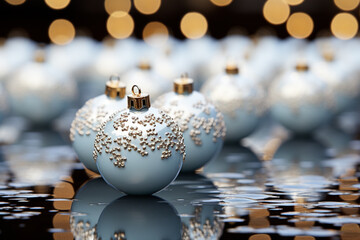 Poster - A shimmering silver and white Christmas background with elegant snowflakes and ornaments.  Generative AI technology.