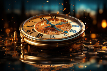 Aufkleber -  sparkling golden clock counting down to midnight, symbolizing the turning of the year. Generative AI technology.